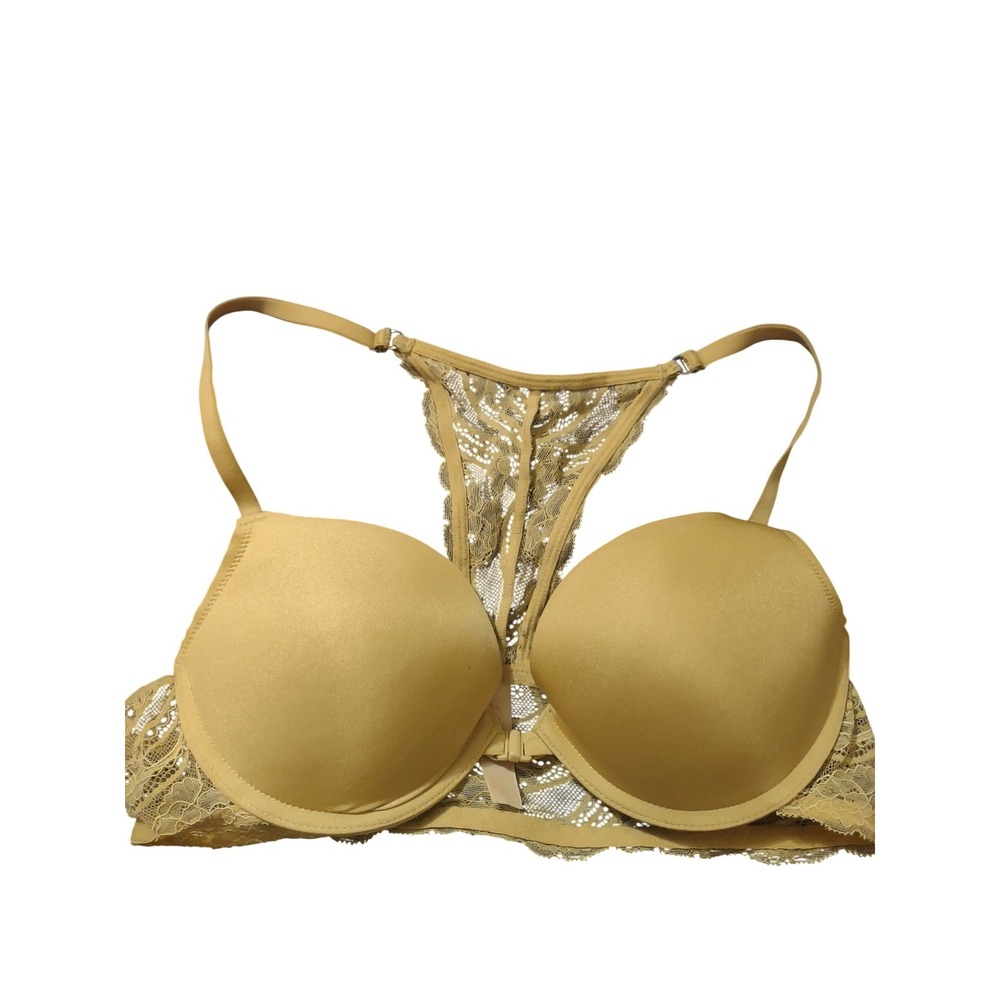 Candies Tan Nude Lace Racerback Front Close Push Up Bra 34C Floral T-Back